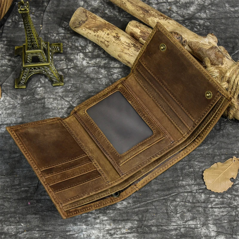 Mens Handmade Leather Trifold Wallet with Chain