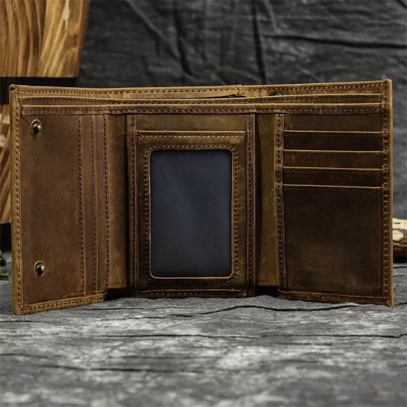 Mens Handmade Leather Trifold Wallet with Chain
