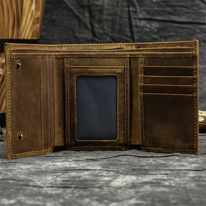 Mens Handmade Leather Trifold Wallet with Chain