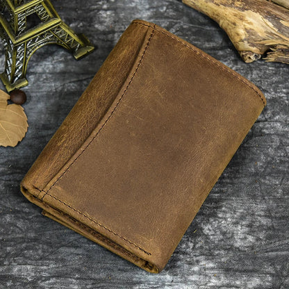 Mens Handmade Leather Trifold Wallet with Chain