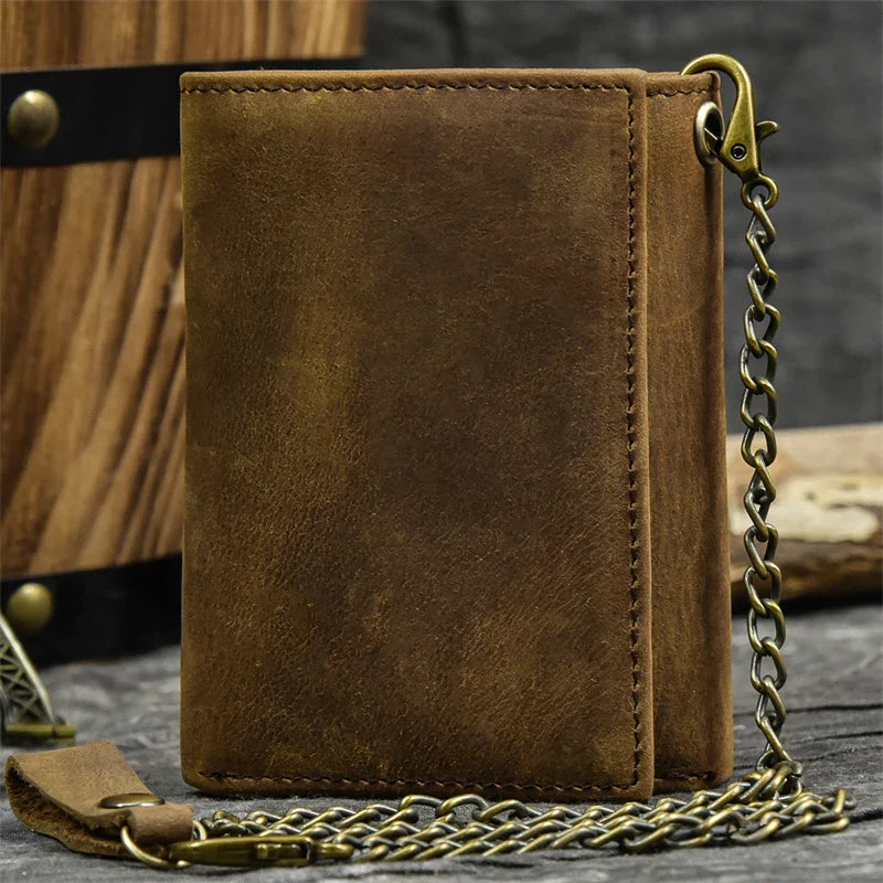 Mens Handmade Leather Trifold Wallet with Chain