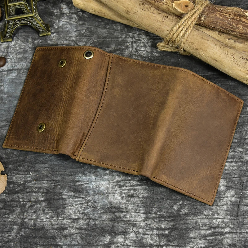 Mens Handmade Leather Trifold Wallet with Chain