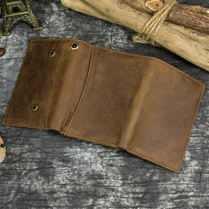 Mens Handmade Leather Trifold Wallet with Chain