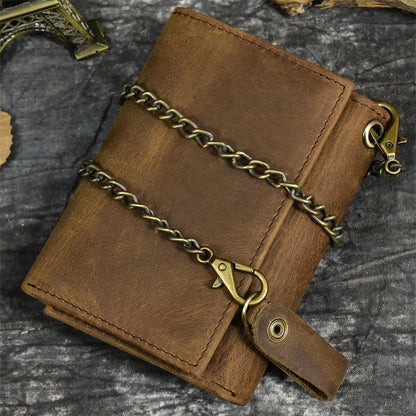Mens Handmade Leather Trifold Wallet with Chain