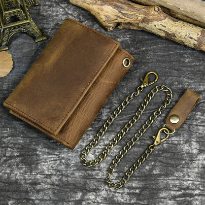 Mens Handmade Leather Trifold Wallet with Chain