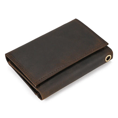 Mens Handmade Leather Trifold Wallet with Chain