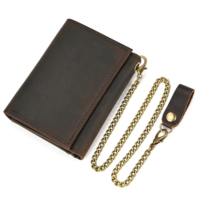 Mens Handmade Leather Trifold Wallet with Chain