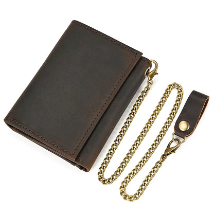 Mens Handmade Leather Trifold Wallet with Chain
