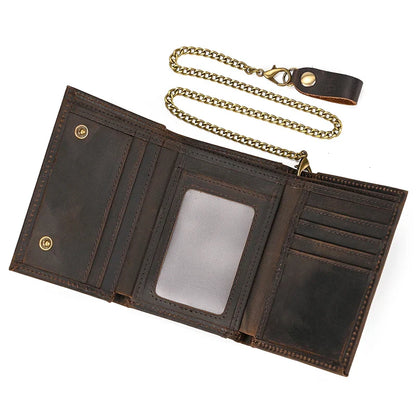 Mens Handmade Leather Trifold Wallet with Chain